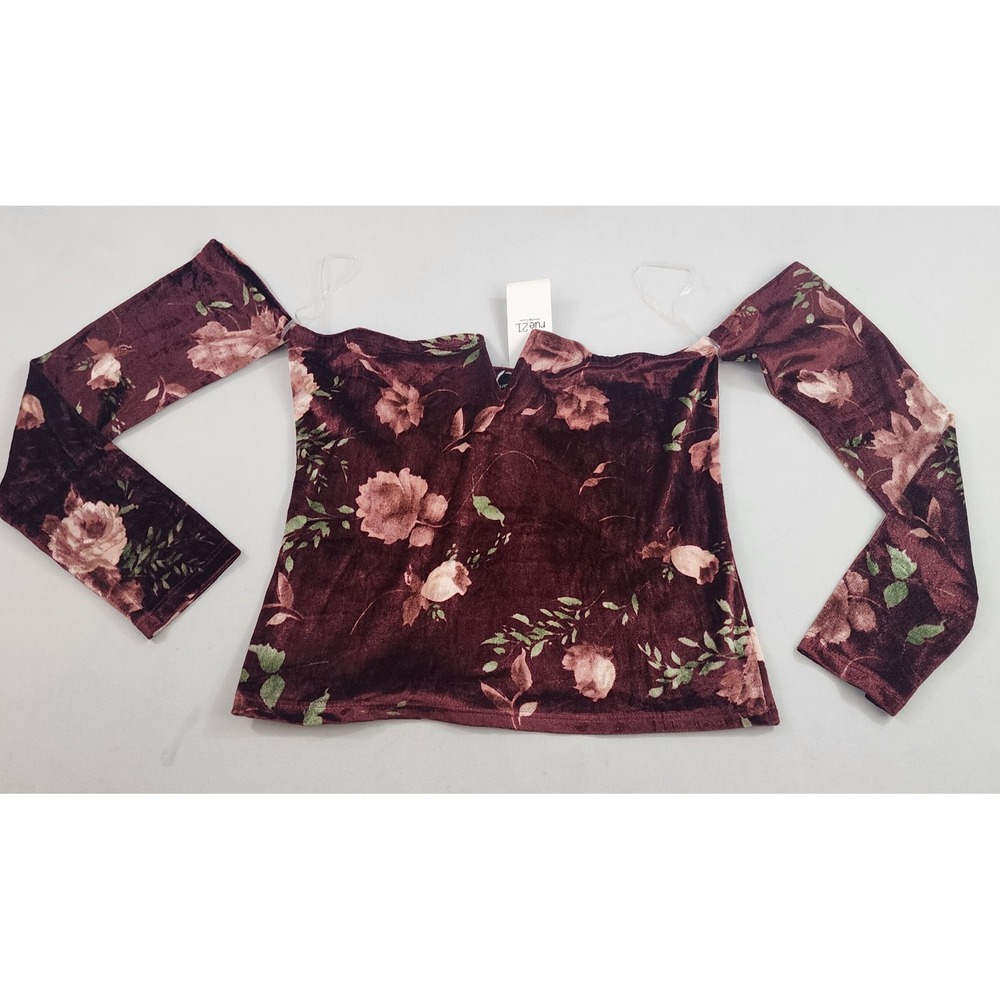rue21 Floral Off Shoulder Blouse Top Red Velvet Stretch Long Sleeve Medium NEW